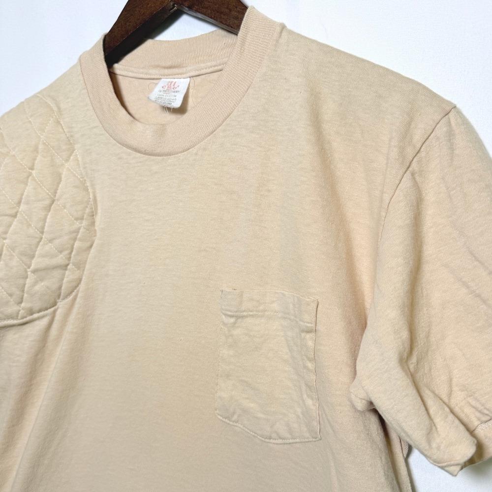 Vintage Hi Cru by Stedman Shooting T-Shirt Tan Quilted Shoulder Pocket USA Large